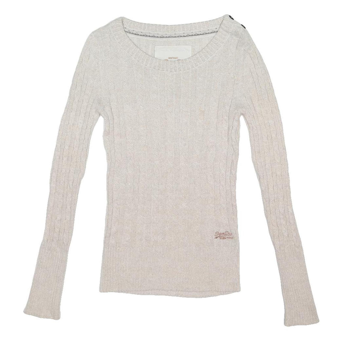 SUPERDRY Womens White Patterned Jumper Cable Knit Crew Neck S Cotton Blend Slim