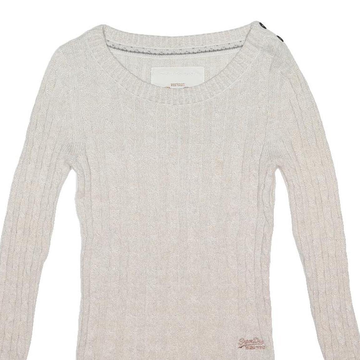 SUPERDRY Womens White Patterned Jumper Cable Knit Crew Neck S Cotton Blend Slim