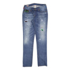 TRUE RELIGION Womens Slim Blue Denim Light Wash Jeans W30 L32 Distressed Patches