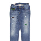 TRUE RELIGION Womens Slim Blue Denim Light Wash Jeans W30 L32 Distressed Patches
