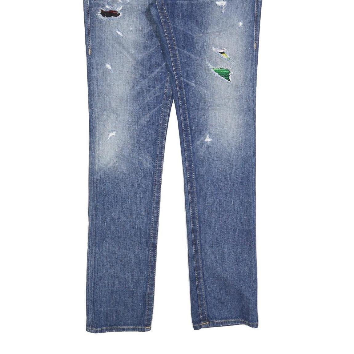 TRUE RELIGION Womens Slim Blue Denim Light Wash Jeans W30 L32 Distressed Patches