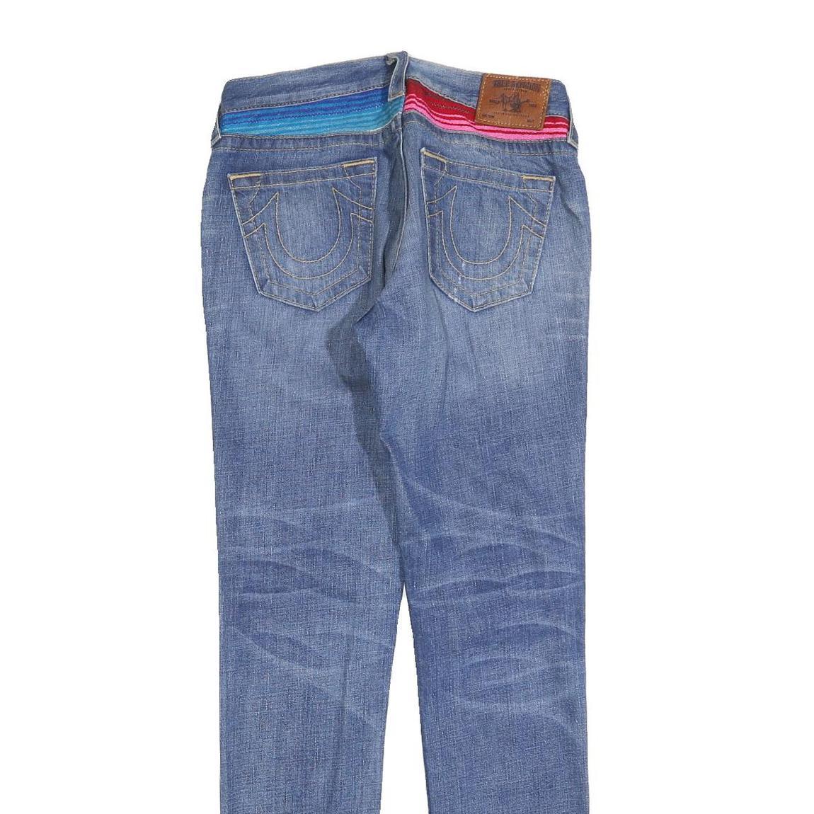 TRUE RELIGION Womens Slim Blue Denim Light Wash Jeans W30 L32 Distressed Patches