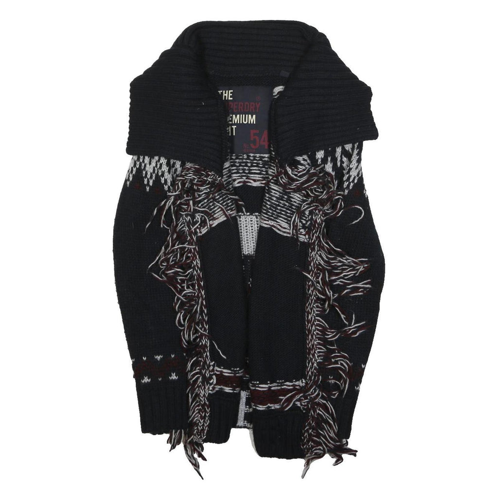 SUPERDRY Womens Black Patterned Chunky Knit Shawl Collar Jumper S Acrylic