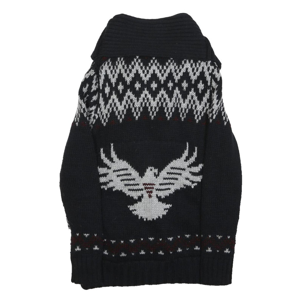 SUPERDRY Womens Black Patterned Chunky Knit Shawl Collar Jumper S Acrylic