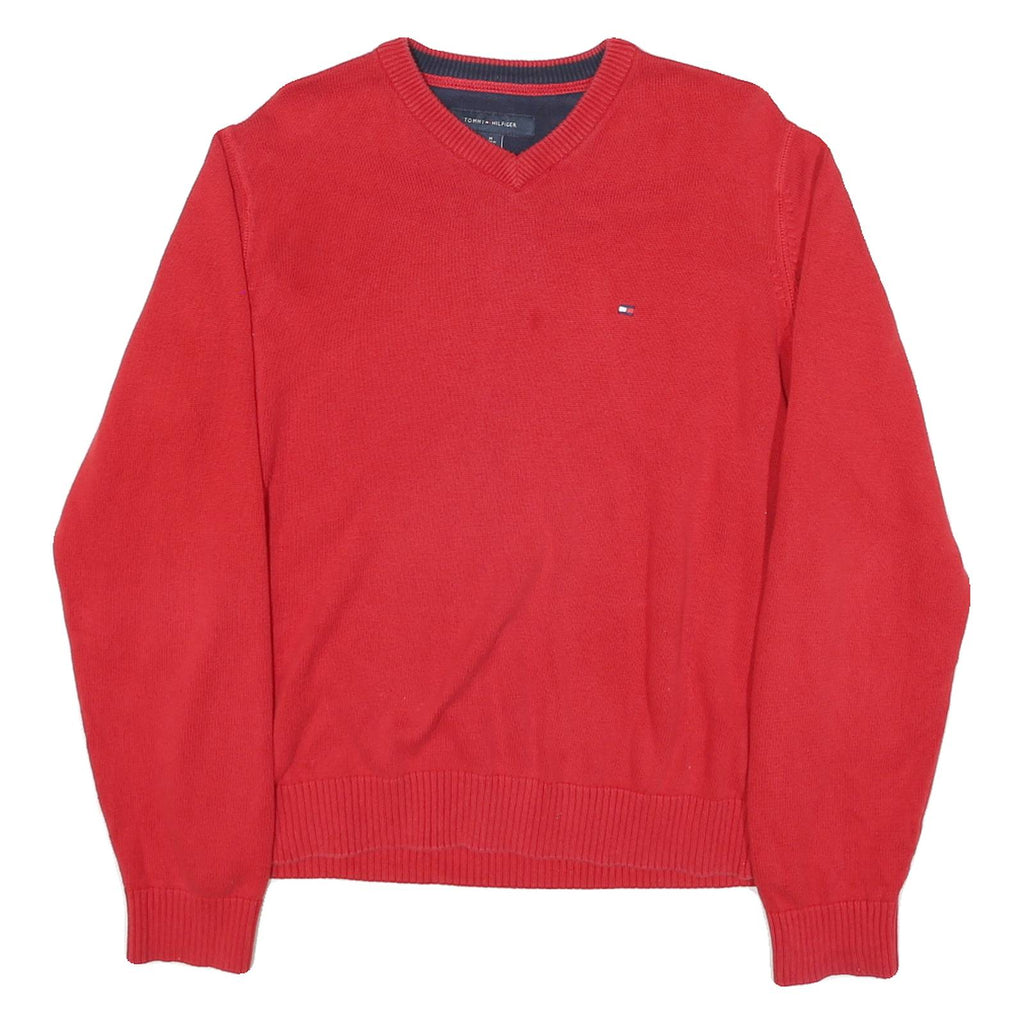 TOMMY HILFIGER Mens Red Plain V-Neck Basic Knit Jumper M Cotton Blend Casual