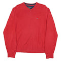TOMMY HILFIGER Mens Red Plain V-Neck Basic Knit Jumper M Cotton Blend Casual