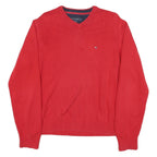 TOMMY HILFIGER Mens Red Plain V-Neck Basic Knit Jumper M Cotton Blend Casual