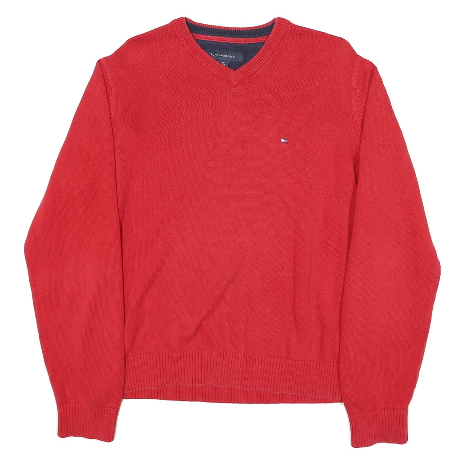 TOMMY HILFIGER Mens Red Plain V-Neck Basic Knit Jumper M Cotton Blend Casual