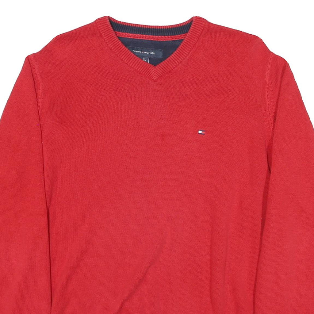 TOMMY HILFIGER Mens Red Plain V-Neck Basic Knit Jumper M Cotton Blend Casual