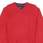 TOMMY HILFIGER Mens Red Plain V-Neck Basic Knit Jumper M Cotton Blend Casual