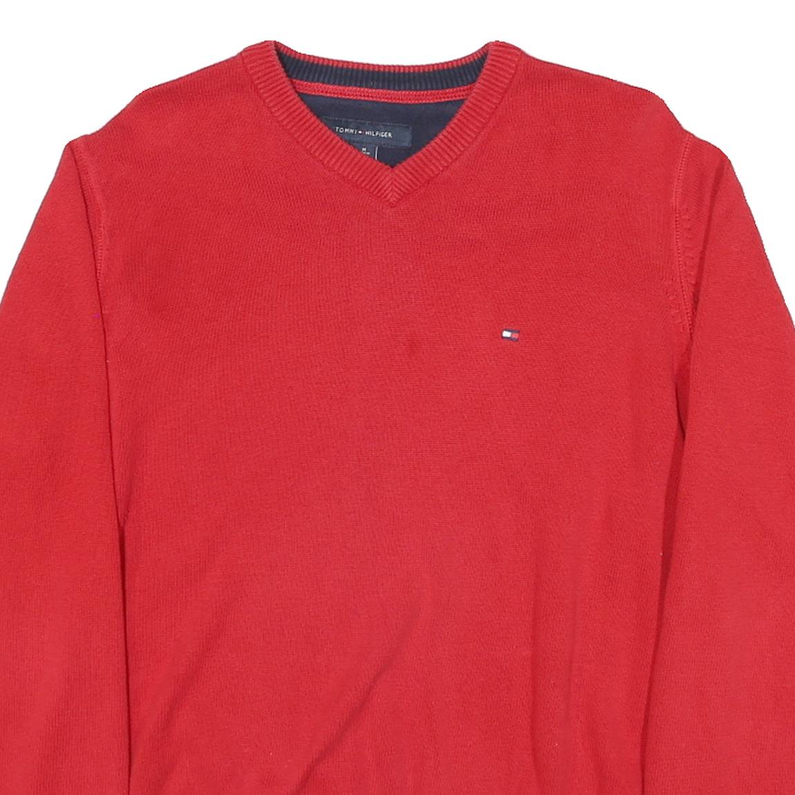 TOMMY HILFIGER Mens Red Plain V-Neck Basic Knit Jumper M Cotton Blend Casual