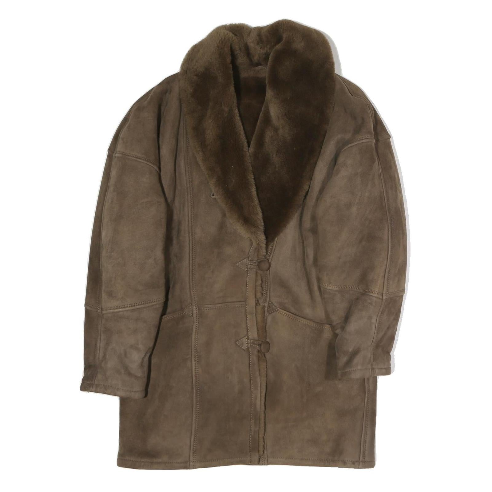 Womens Brown Faux Fur Collar Button Jacket M Polyester Blend Coat Outerwear