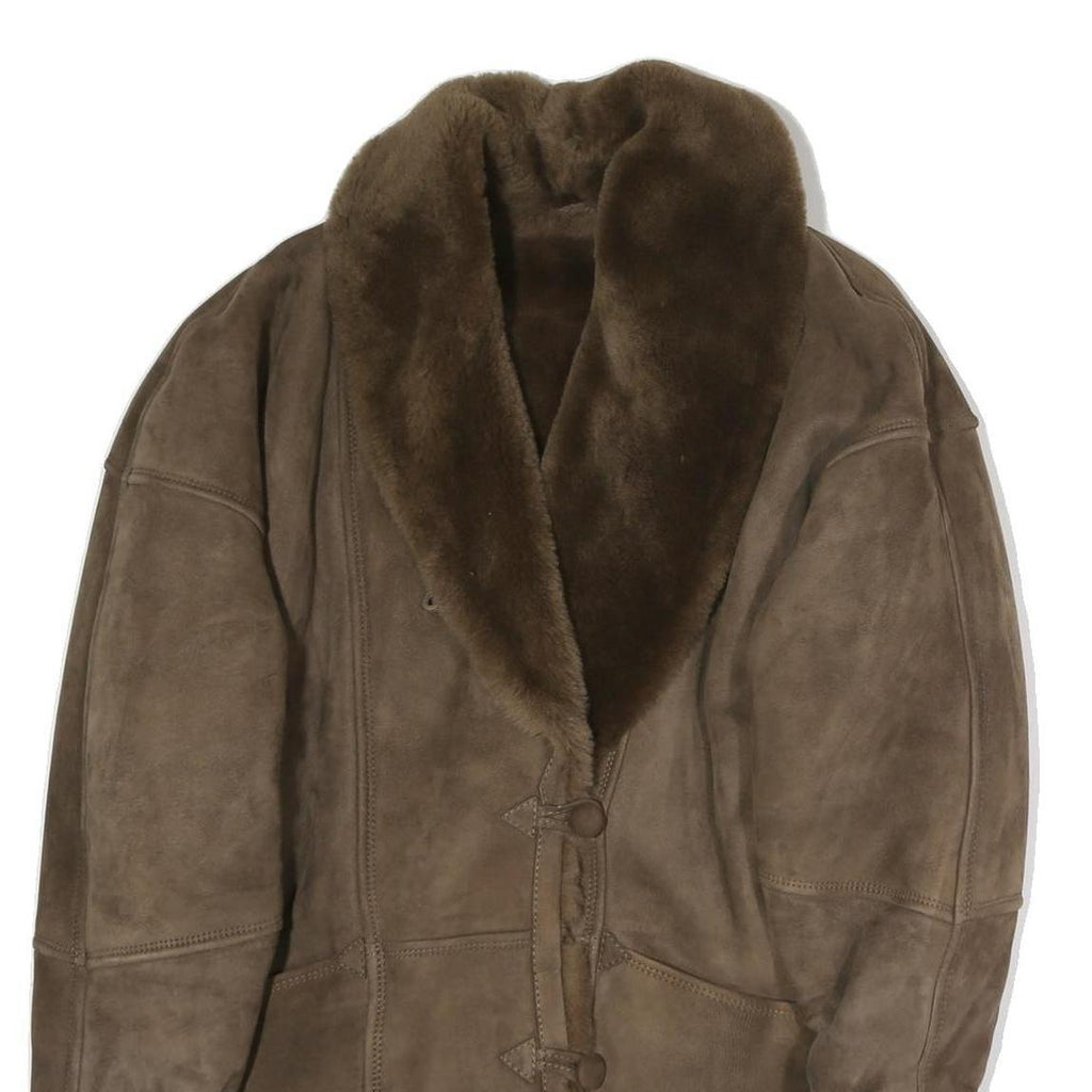 Womens Brown Faux Fur Collar Button Jacket M Polyester Blend Coat Outerwear