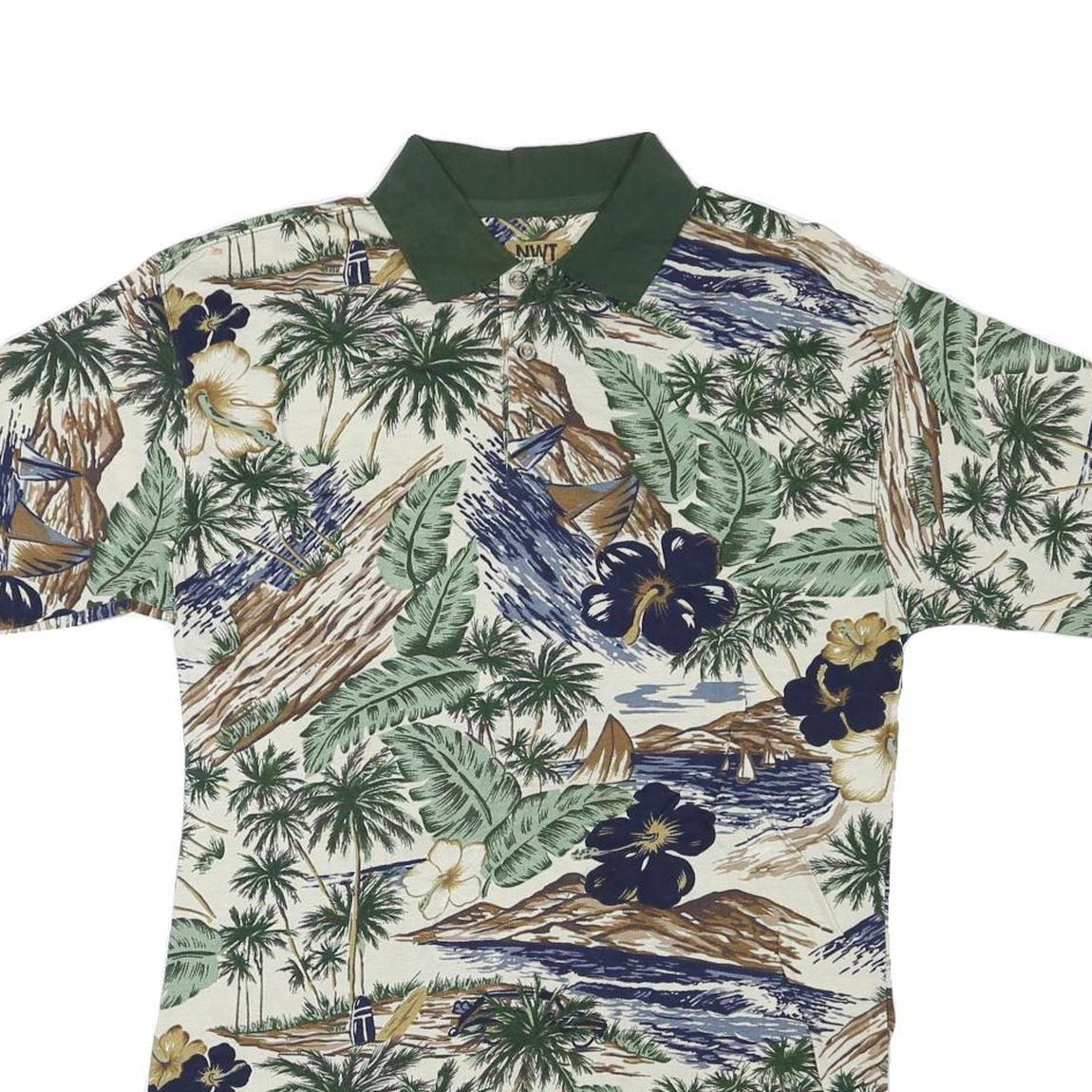 NWT Womens Green & Beige Tropical Floral Short Sleeve Polo Shirt M Cotton Blend