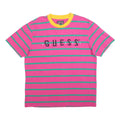 GUESS Mens Pink & Green Striped Graphic T-Shirt L Crew Neck Short Sleeve Cotton