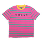 GUESS Mens Pink & Green Striped Graphic T-Shirt L Crew Neck Short Sleeve Cotton