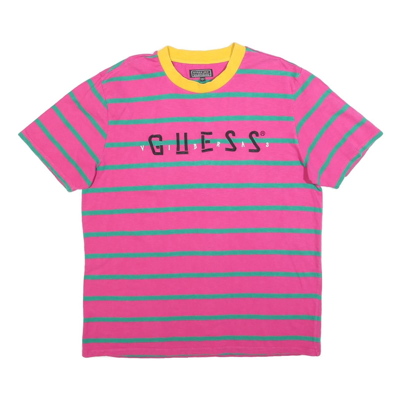 GUESS Mens Pink & Green Striped Graphic T-Shirt L Crew Neck Short Sleeve Cotton