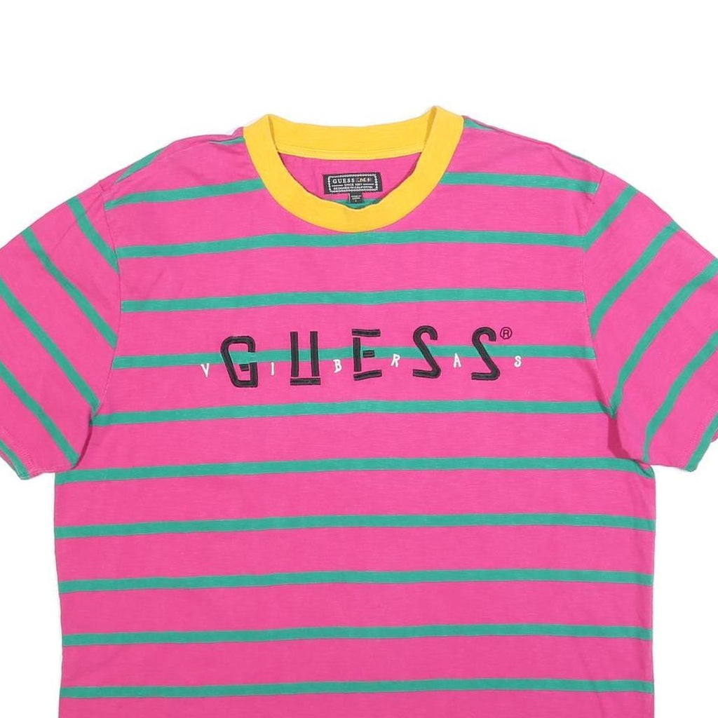 GUESS Mens Pink & Green Striped Graphic T-Shirt L Crew Neck Short Sleeve Cotton