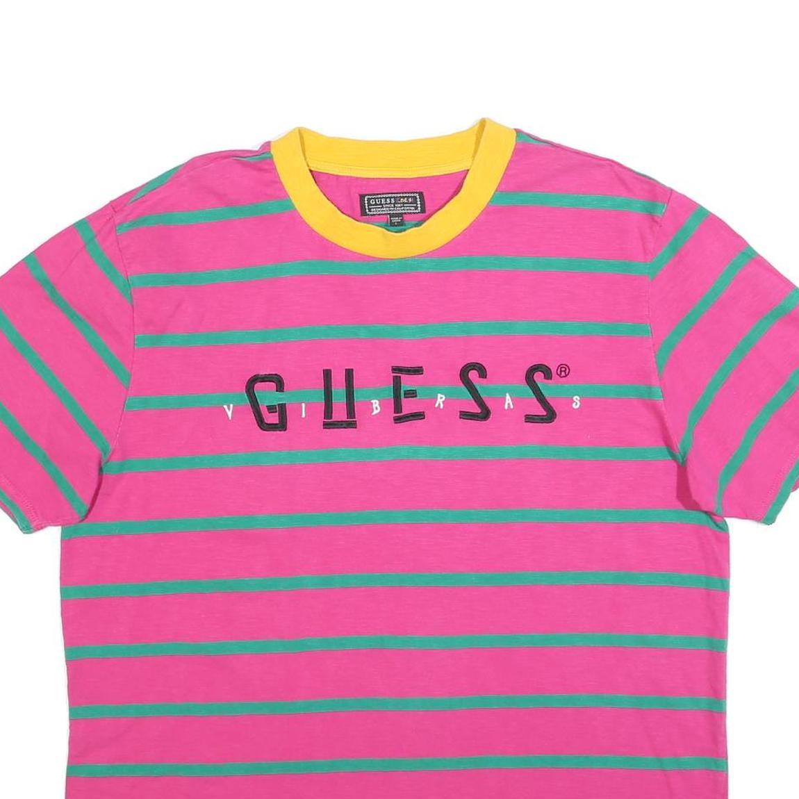 GUESS Mens Pink & Green Striped Graphic T-Shirt L Crew Neck Short Sleeve Cotton