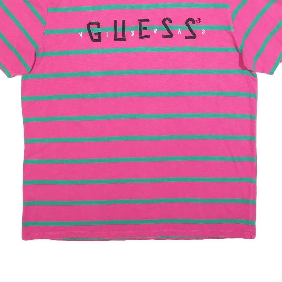 GUESS Mens Pink & Green Striped Graphic T-Shirt L Crew Neck Short Sleeve Cotton