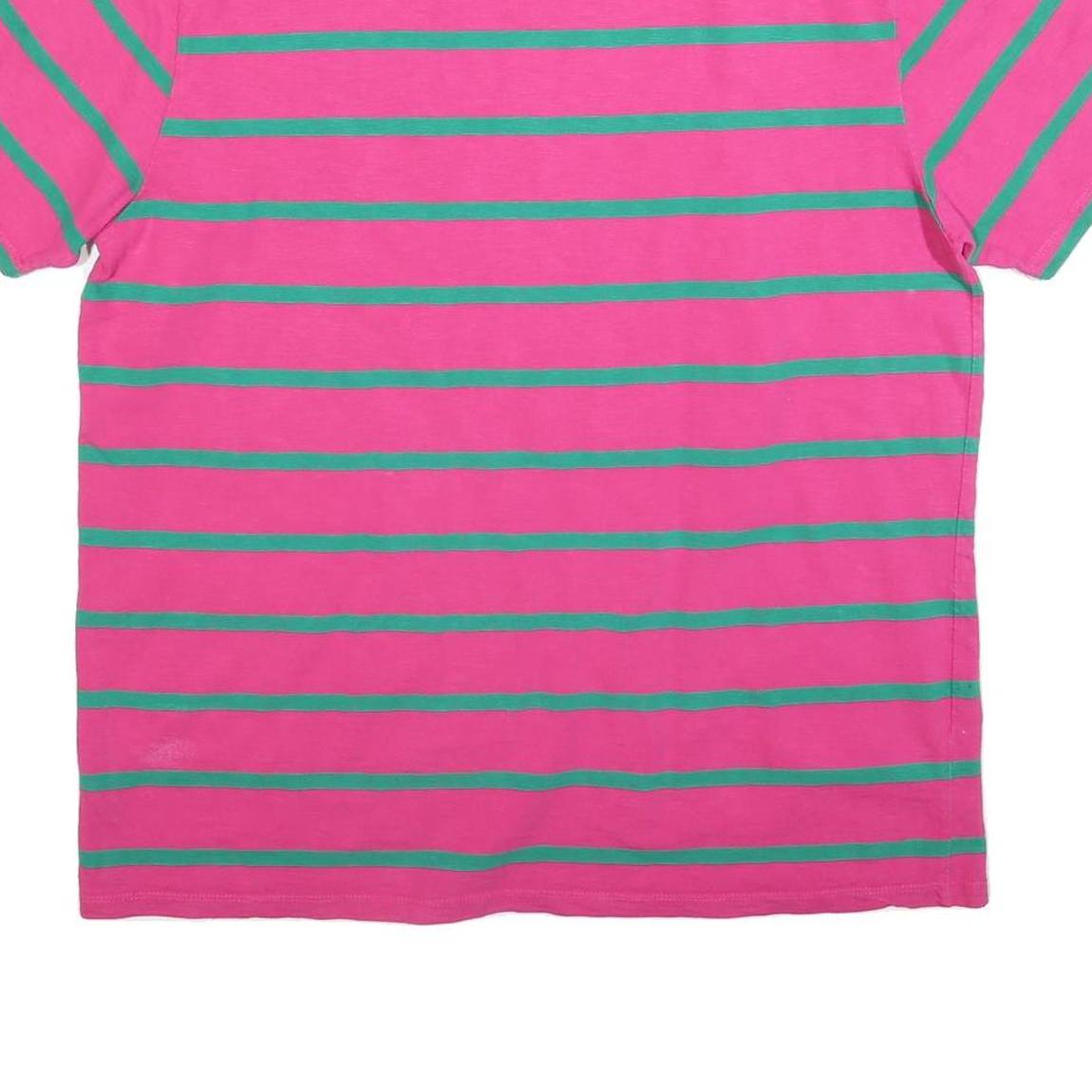 GUESS Mens Pink & Green Striped Graphic T-Shirt L Crew Neck Short Sleeve Cotton