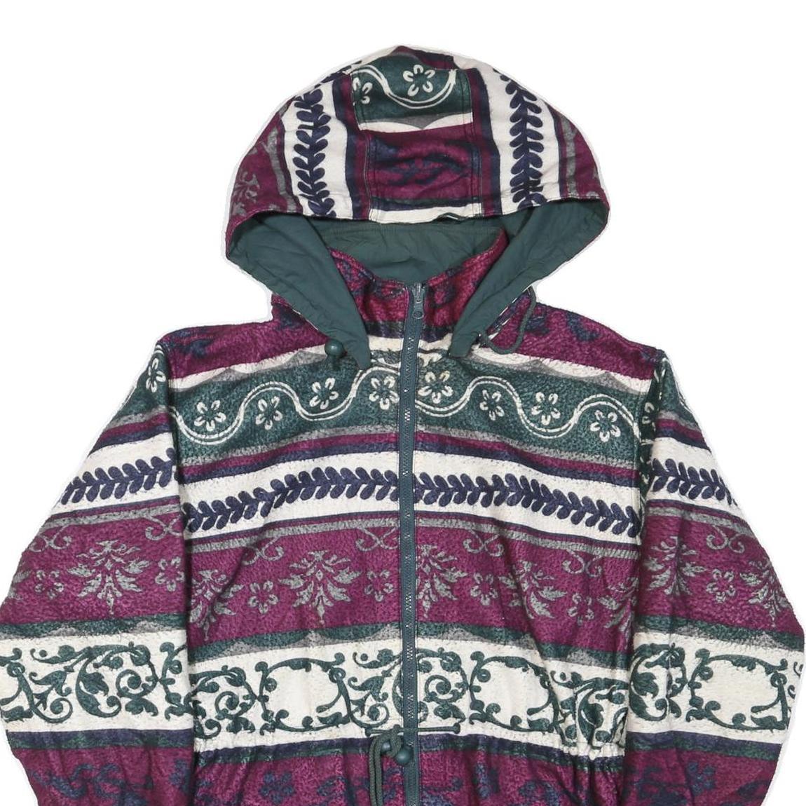 Womens Red Green White Printed Polyester Blend Hooded Jacket L Zip Casual