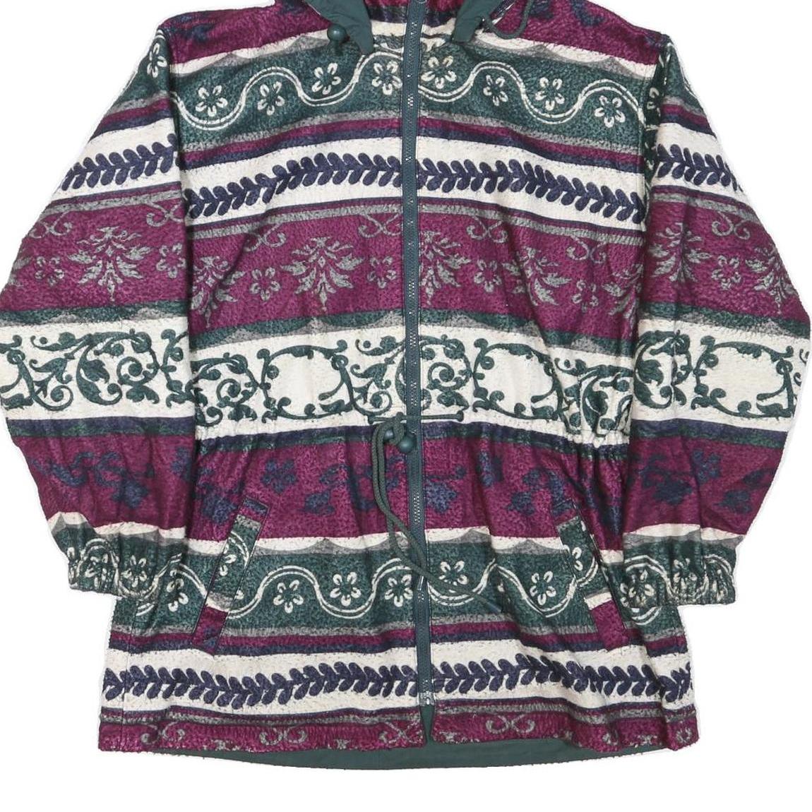 Womens Red Green White Printed Polyester Blend Hooded Jacket L Zip Casual