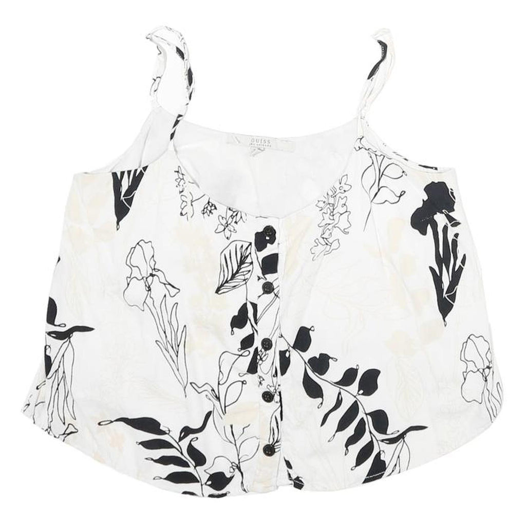 GUESS Womens White Black Floral Printed Cropped Sleeveless Scoop Neck Top S