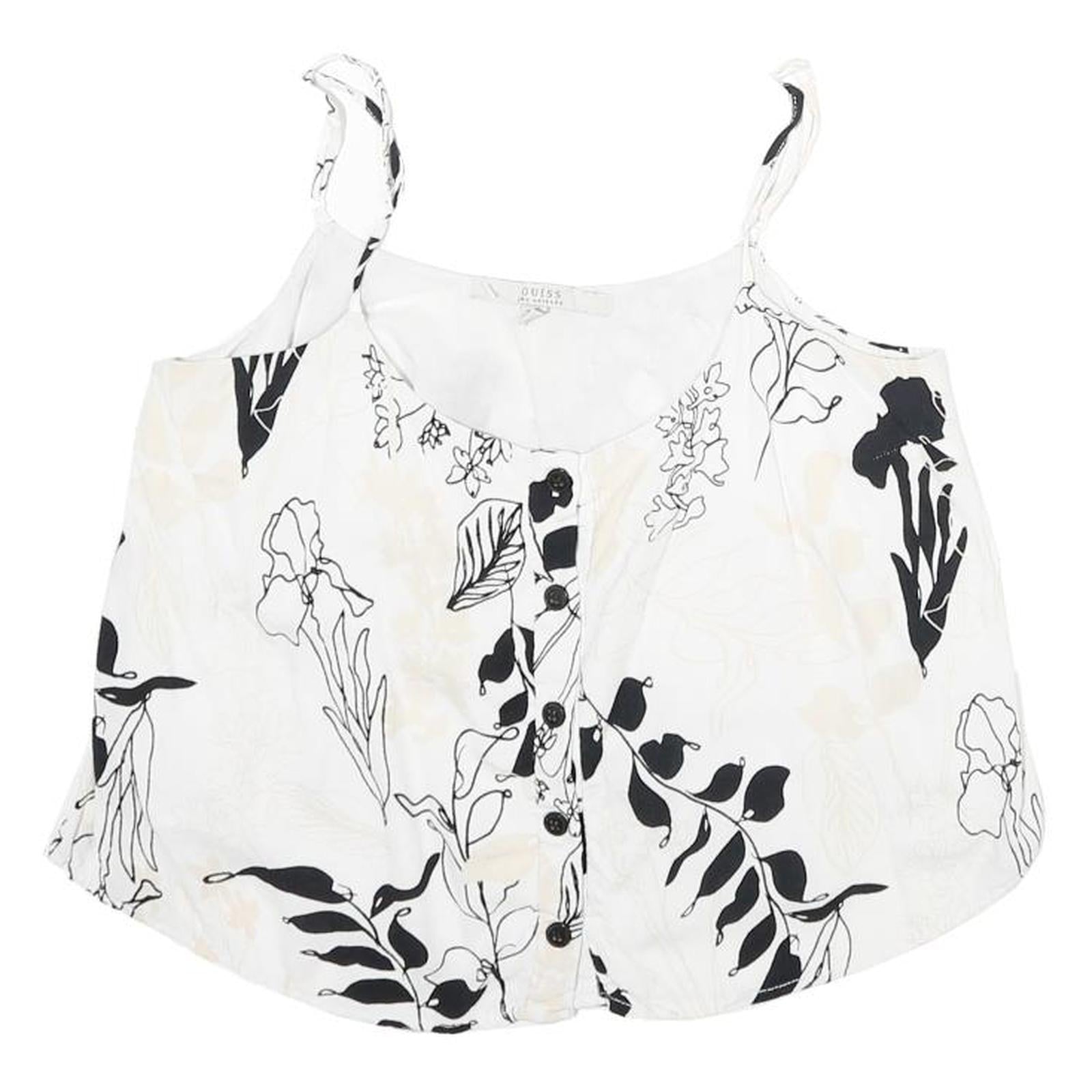 GUESS Womens White Black Floral Printed Cropped Sleeveless Scoop Neck Top S
