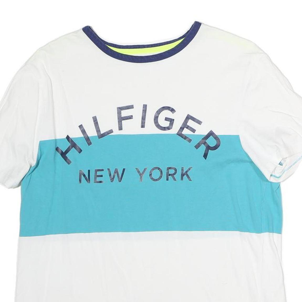 TOMMY HILFIGER Mens White & Blue Graphic T-Shirt M Short Sleeve Crew Neck Logo