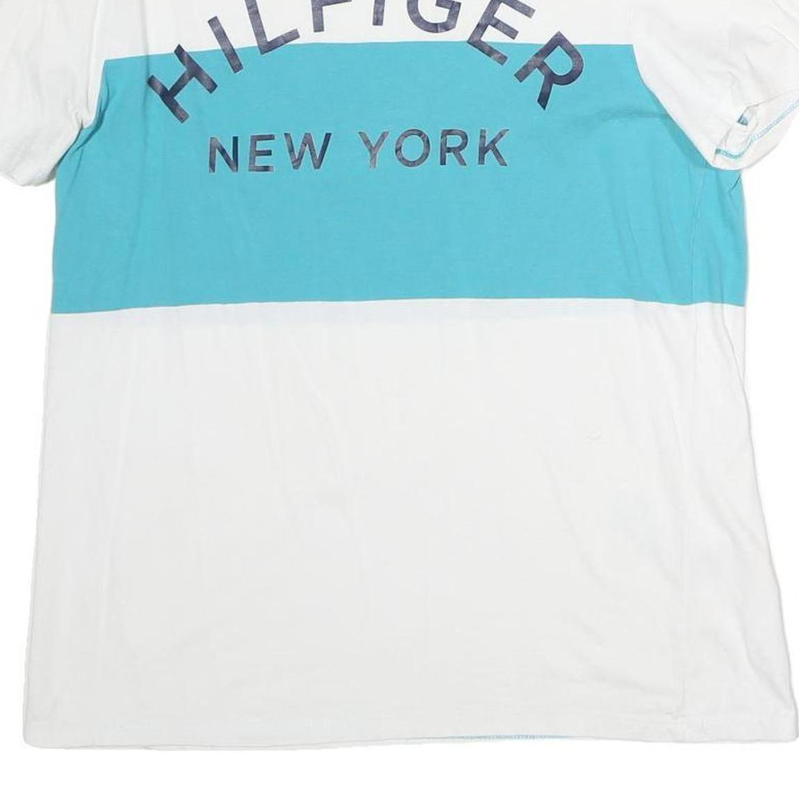 TOMMY HILFIGER Mens White & Blue Graphic T-Shirt M Short Sleeve Crew Neck Logo