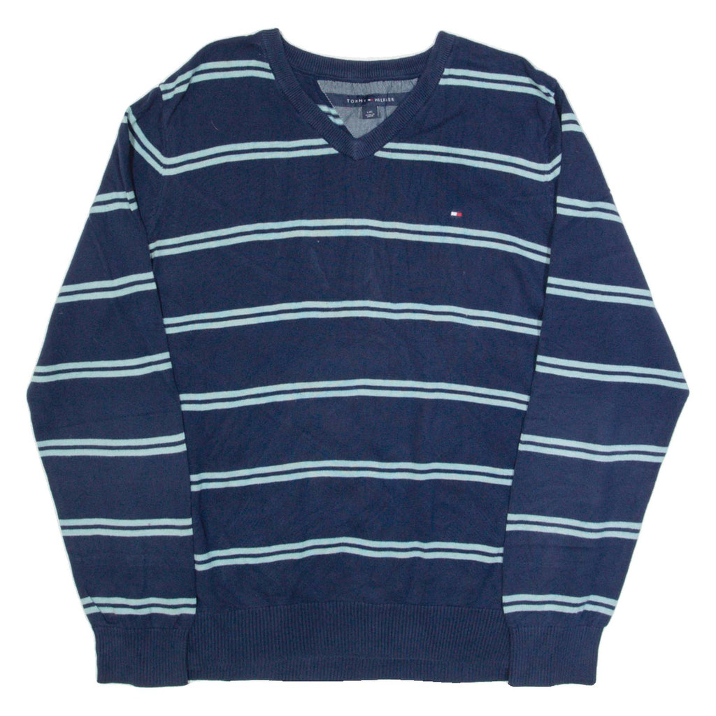 TOMMY HILFIGER Mens Patterned Jumper Blue Striped V-Neck Tight Knit L