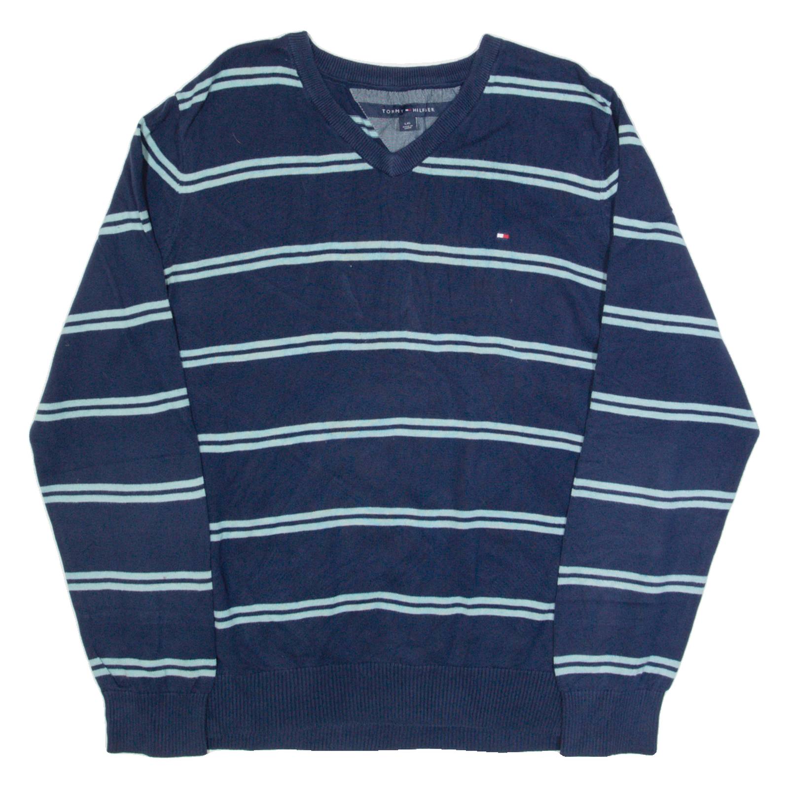 TOMMY HILFIGER Mens Patterned Jumper Blue Striped V-Neck Tight Knit L