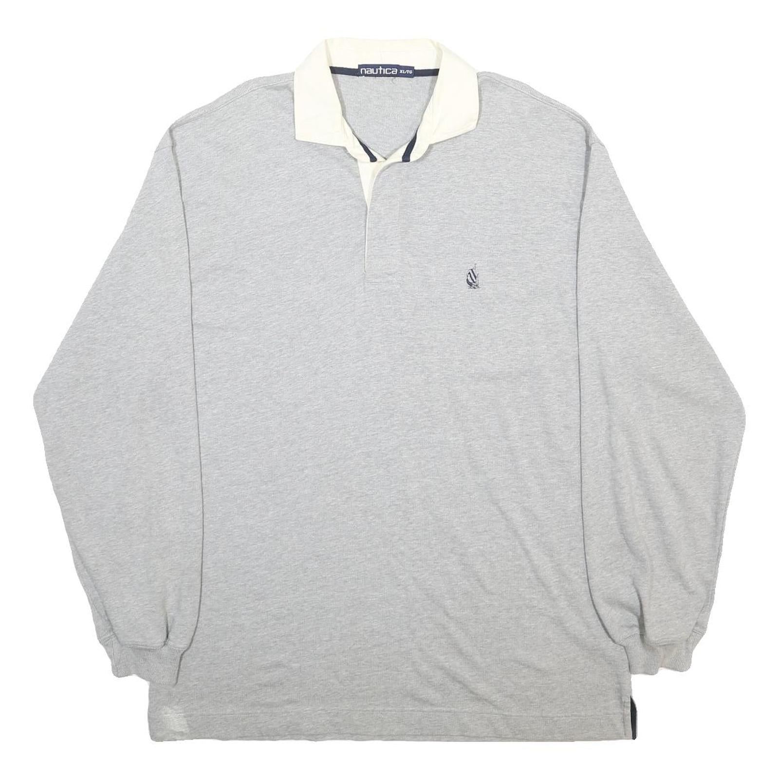 NAUTICA Mens Grey & White Long Sleeve Plain XL Cotton Blend Casual Polo Shirt