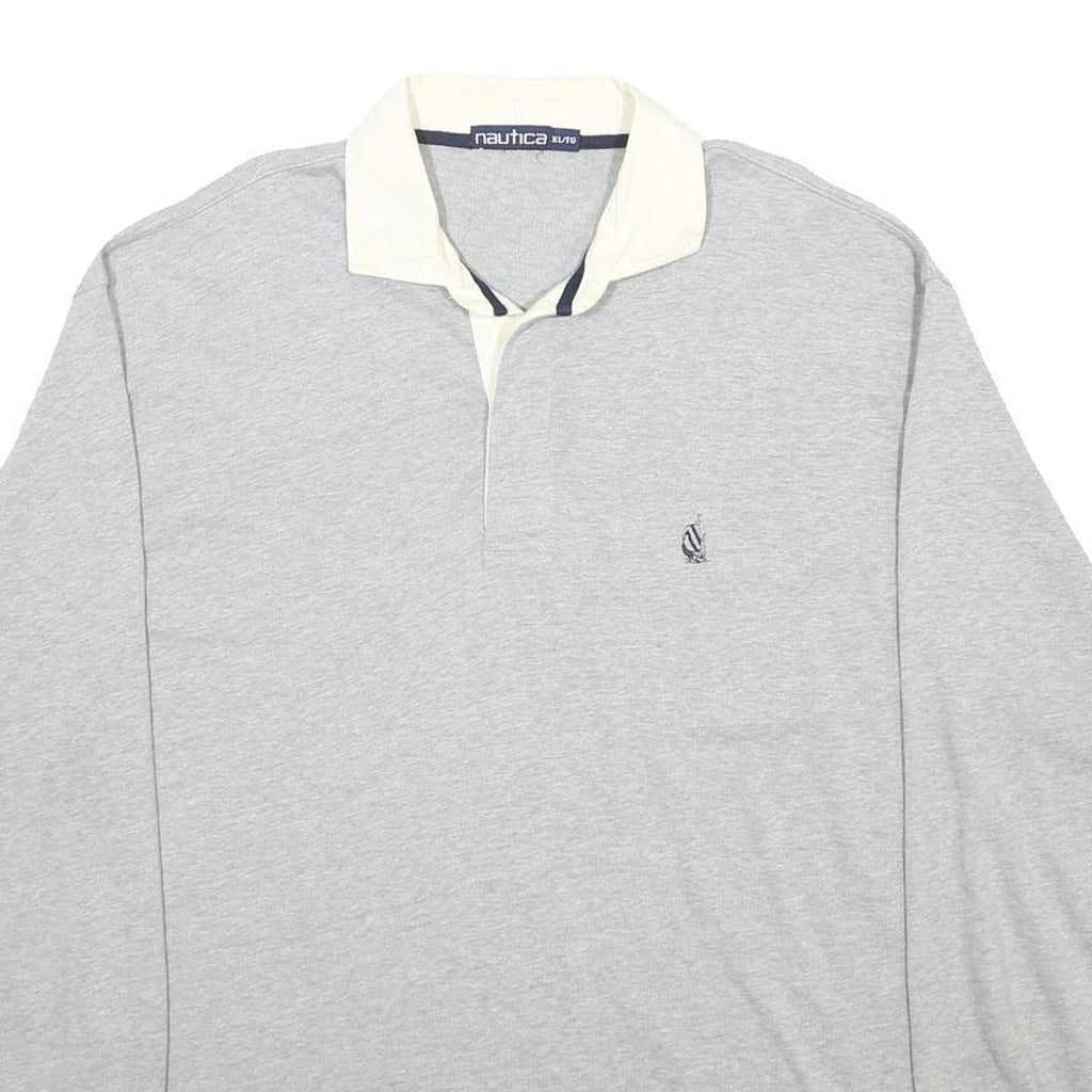 NAUTICA Mens Grey & White Long Sleeve Plain XL Cotton Blend Casual Polo Shirt
