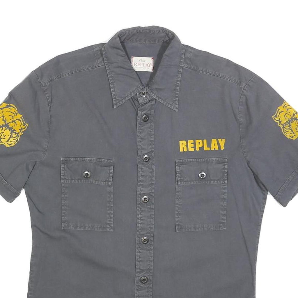 REPLAY Mens Grey & Yellow Tiger Short Sleeve Shirt S Cotton Blend Casual