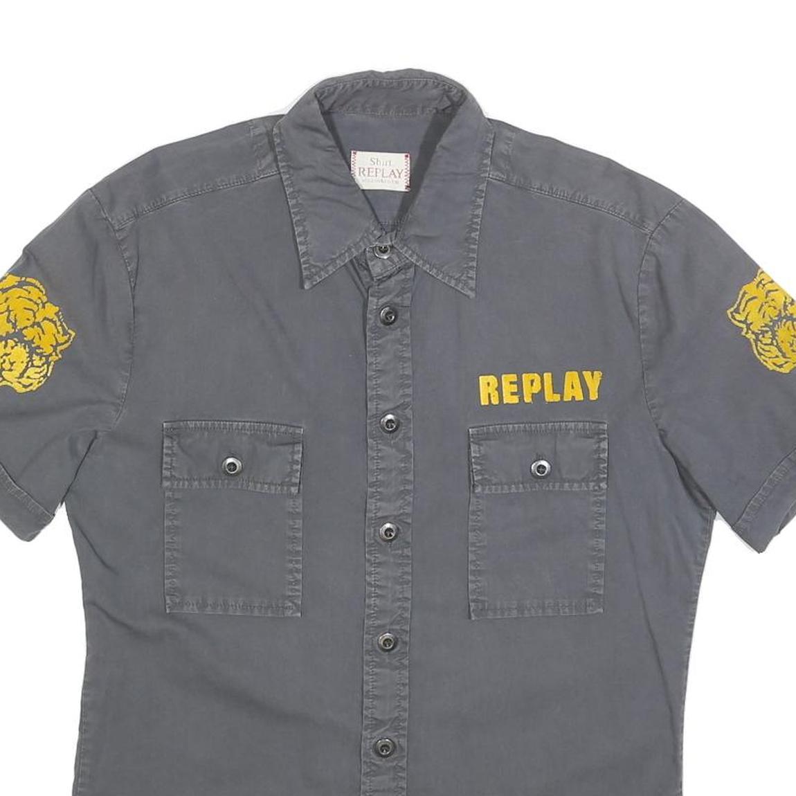 REPLAY Mens Grey & Yellow Tiger Short Sleeve Shirt S Cotton Blend Casual