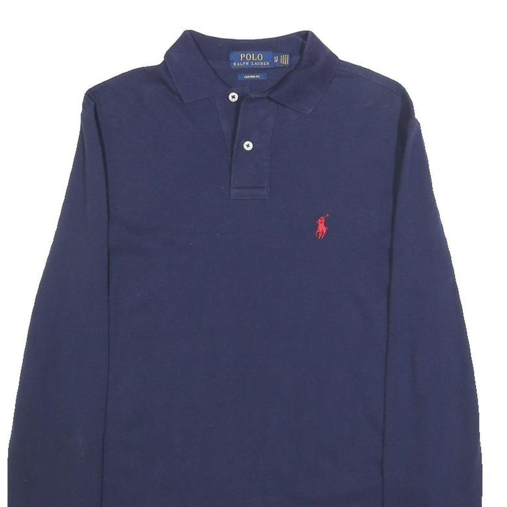 POLO RALPH LAUREN Mens Navy Blue Long Sleeve Plain Polo Shirt S Cotton Blend