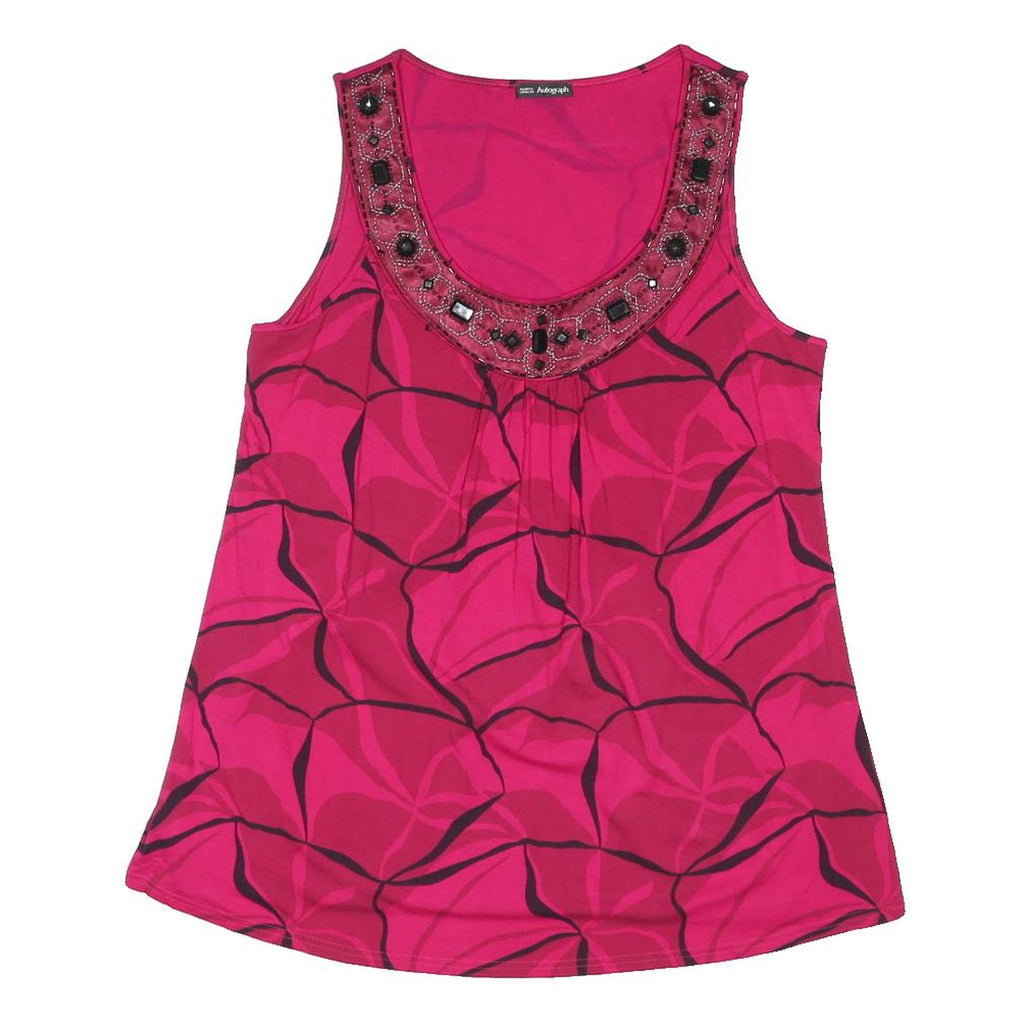M&S Womens Pink Printed Sleeveless Scoop Neck Top UK 14 Embellished Neckline