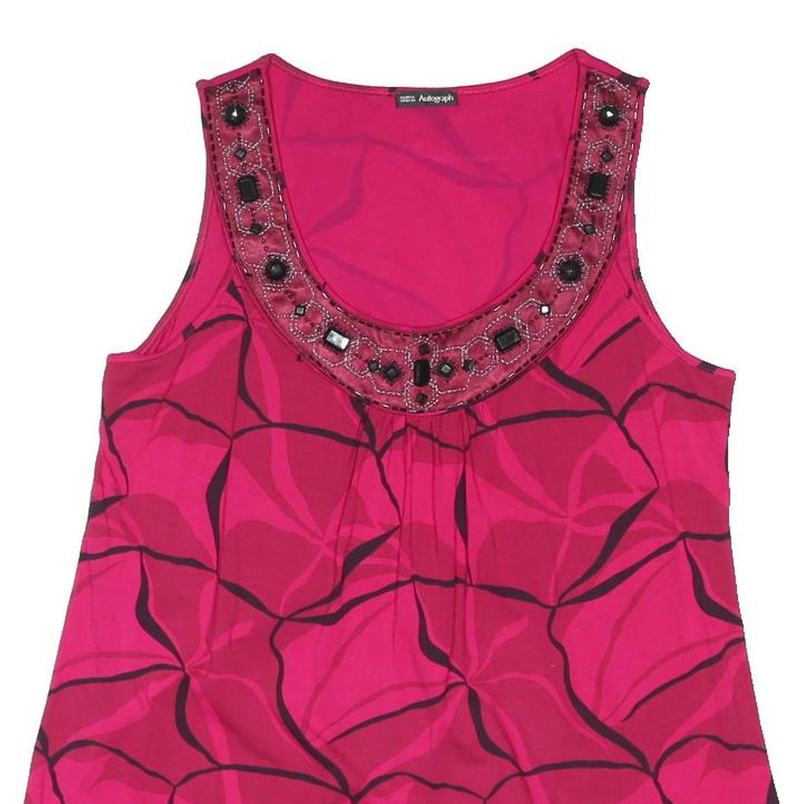M&S Womens Pink Printed Sleeveless Scoop Neck Top UK 14 Embellished Neckline
