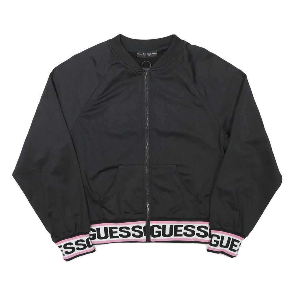 GUESS Womens Black Jacket M Polyester Blend Zip Plain Logo Banded Sleeve
