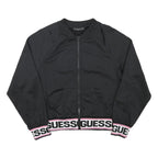 GUESS Womens Black Jacket M Polyester Blend Zip Plain Logo Banded Sleeve