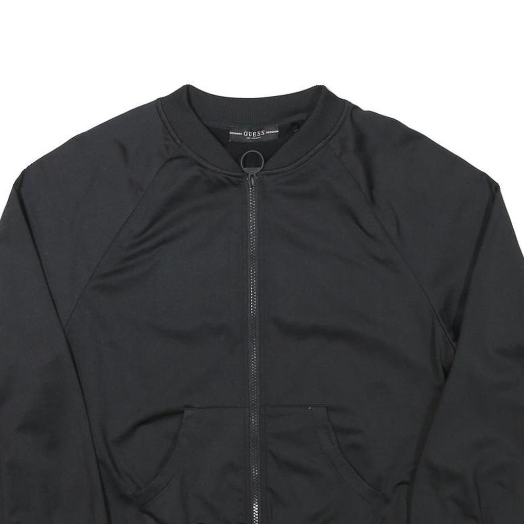 GUESS Womens Black Jacket M Polyester Blend Zip Plain Logo Banded Sleeve
