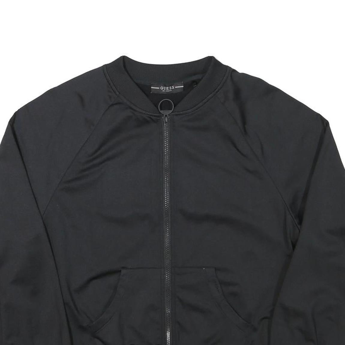 GUESS Womens Black Jacket M Polyester Blend Zip Plain Logo Banded Sleeve