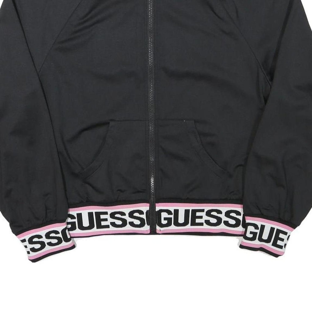GUESS Womens Black Jacket M Polyester Blend Zip Plain Logo Banded Sleeve