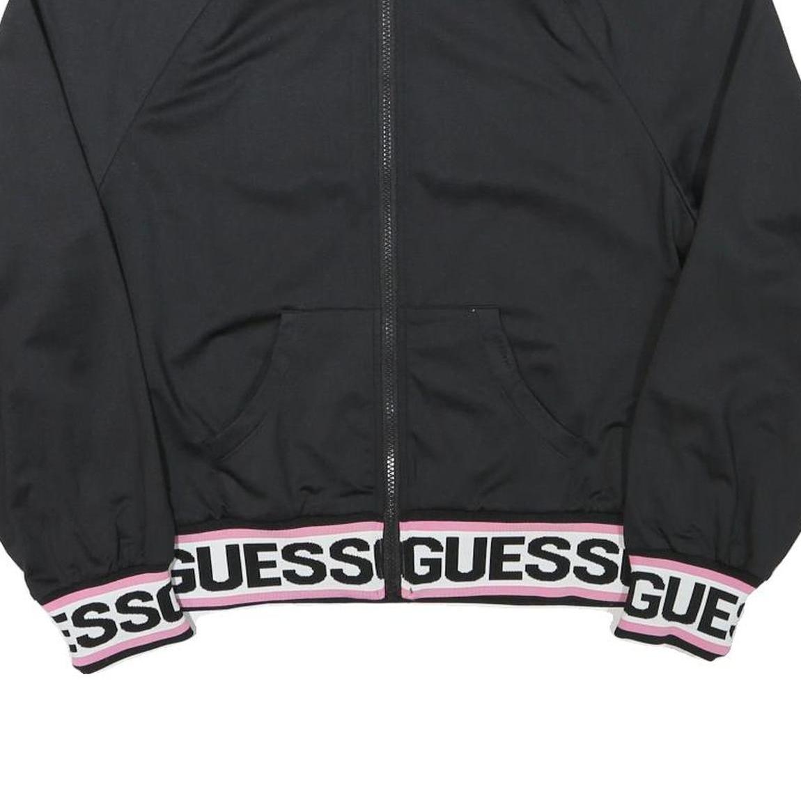 GUESS Womens Black Jacket M Polyester Blend Zip Plain Logo Banded Sleeve