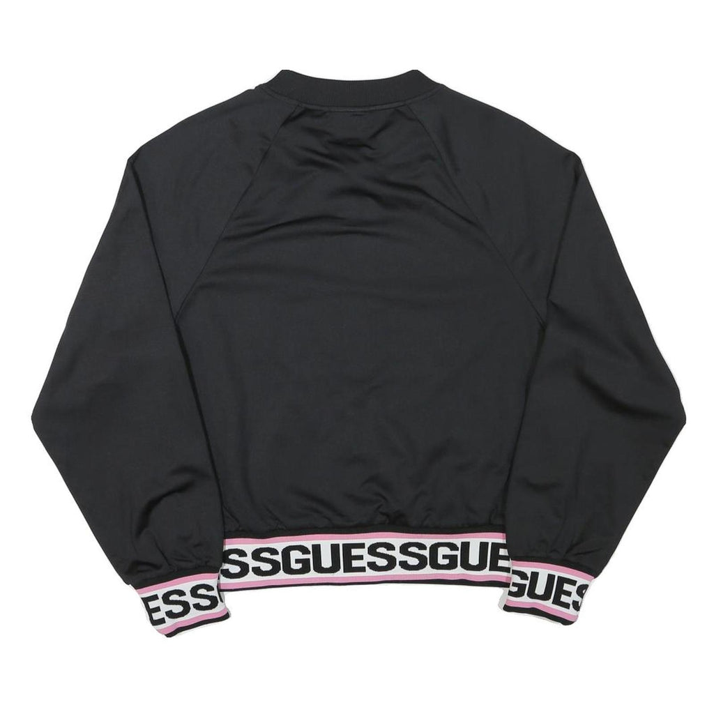 GUESS Womens Black Jacket M Polyester Blend Zip Plain Logo Banded Sleeve