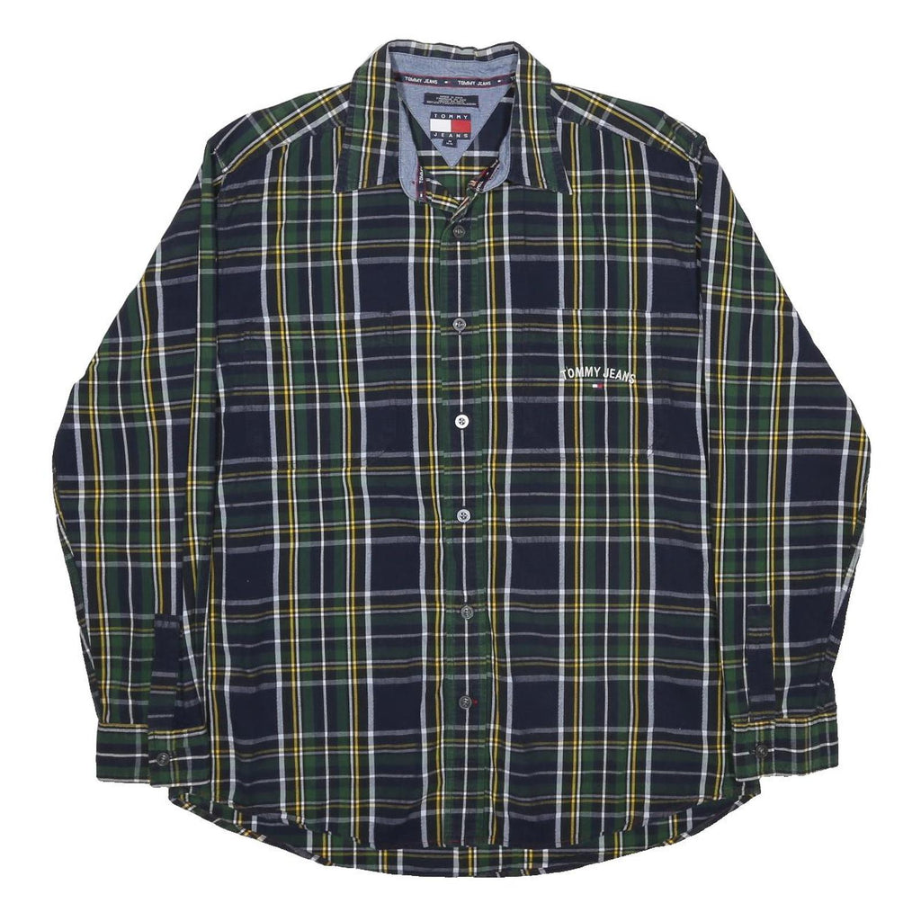 TOMMY JEANS Mens Blue Green & Yellow Check Shirt M Cotton Button Collar Long