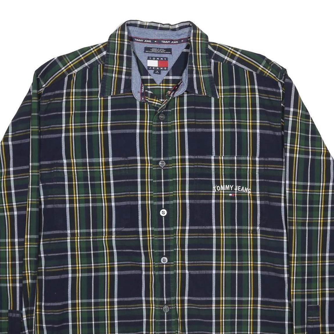TOMMY JEANS Mens Blue Green & Yellow Check Shirt M Cotton Button Collar Long