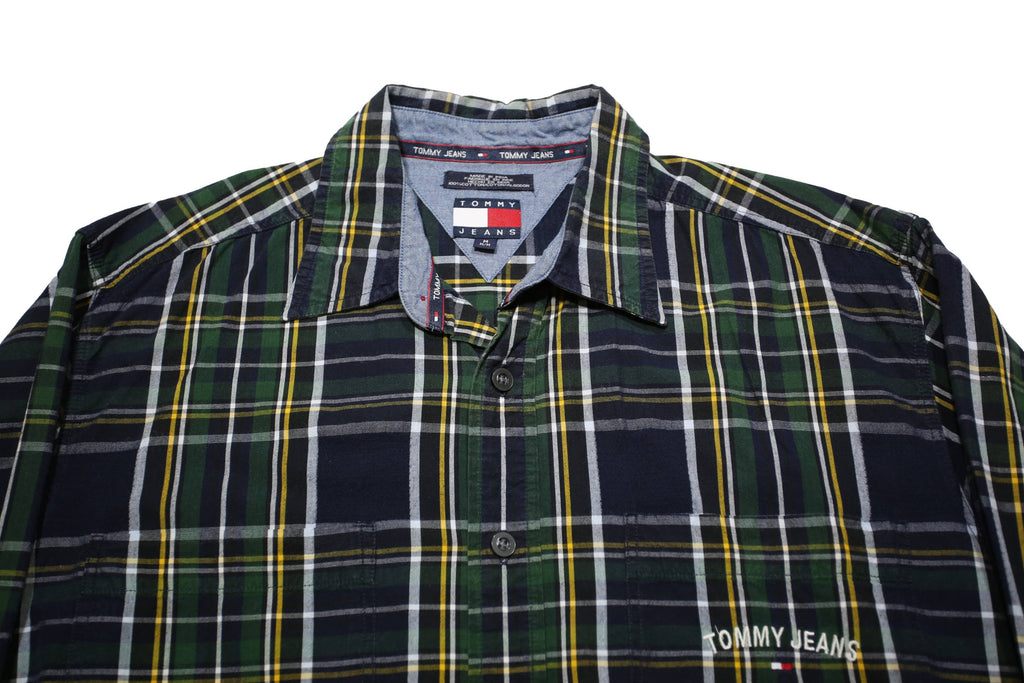 TOMMY JEANS Mens Blue Green & Yellow Check Shirt M Cotton Button Collar Long